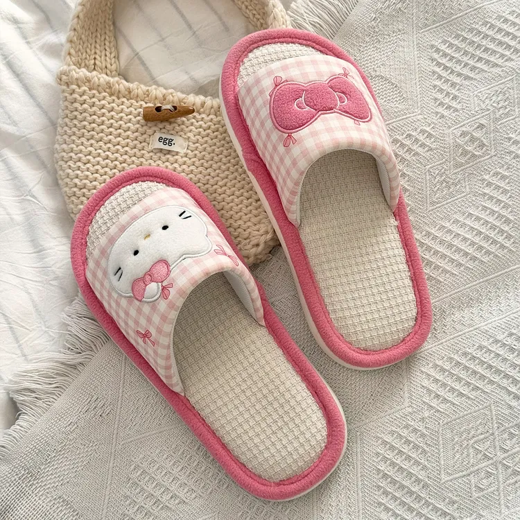 圆脸kitty拖鞋女春夏HelloKitty联名新款平底女士居家亚麻拖鞋