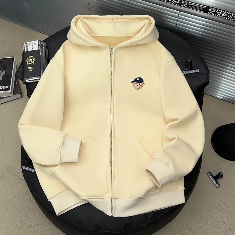 美式潮流个性小熊印花外套秋冬季男女开衫潮流连帽拉链情侣卫衣