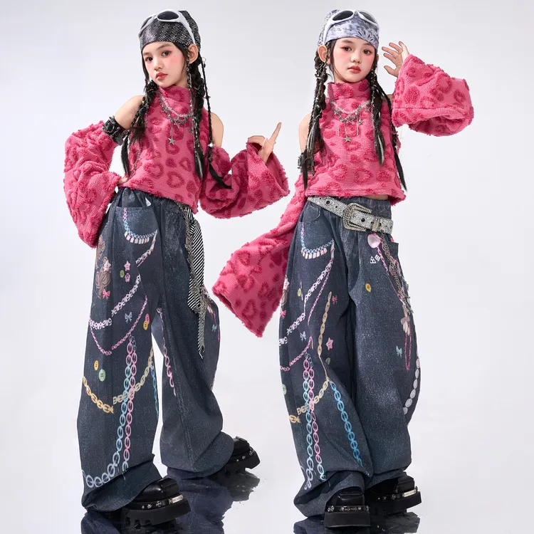 爵士舞服女童时髦背心牛仔长裤jazz舞蹈服女团韩舞街舞走秀演出服