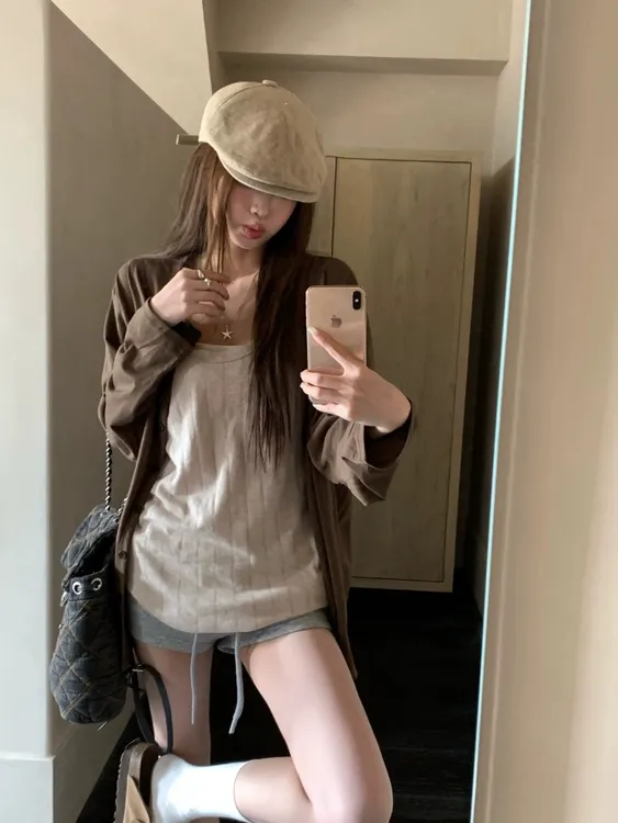 复古咖色慵懒风薄款长袖防晒开衫外套女夏季内搭背心两件套6054