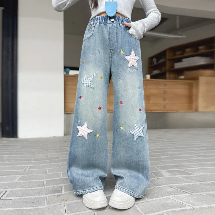 女童裤子秋冬加绒新款爆款中大童牛仔裤加厚宽松初中生直筒阔腿裤