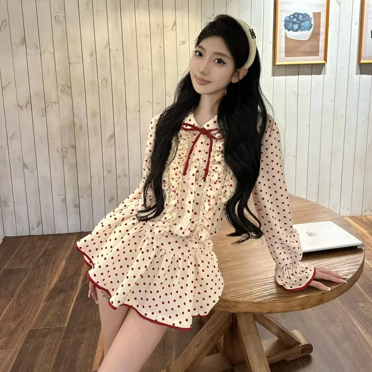 【甜派夹心】秋季新款纯欲温柔风波点蝴蝶结衬衫上衣A字裙套装
