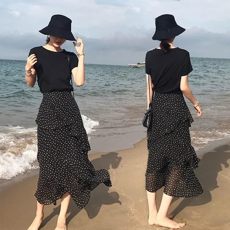 淳启不规则小碎花半身裙子高腰雪纺夏季a字波点连衣长裙两件套女