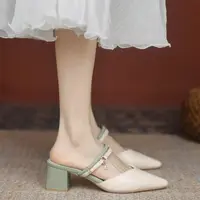 真软皮半拖鞋女夏外穿2025年新款尖头包头凉鞋女中跟粗跟两穿拖鞋