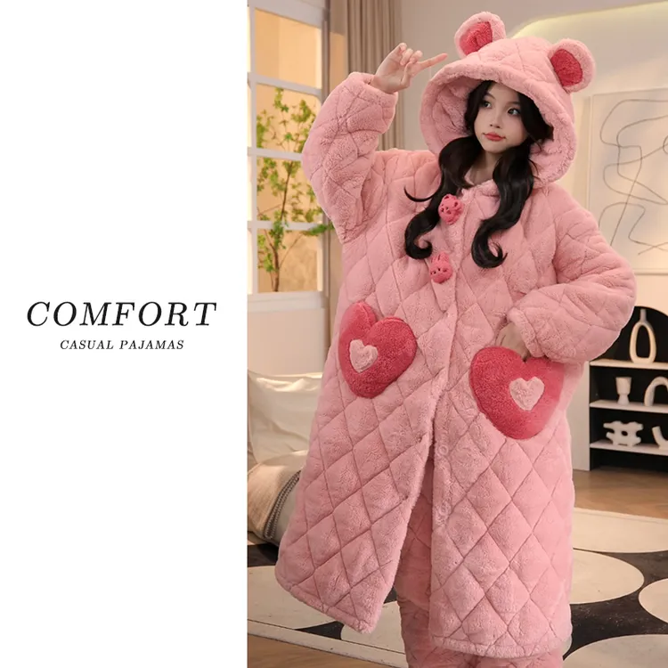 秋冬季三层夹棉睡袍2025年加绒加厚珊瑚绒保暖爱心睡衣套装女