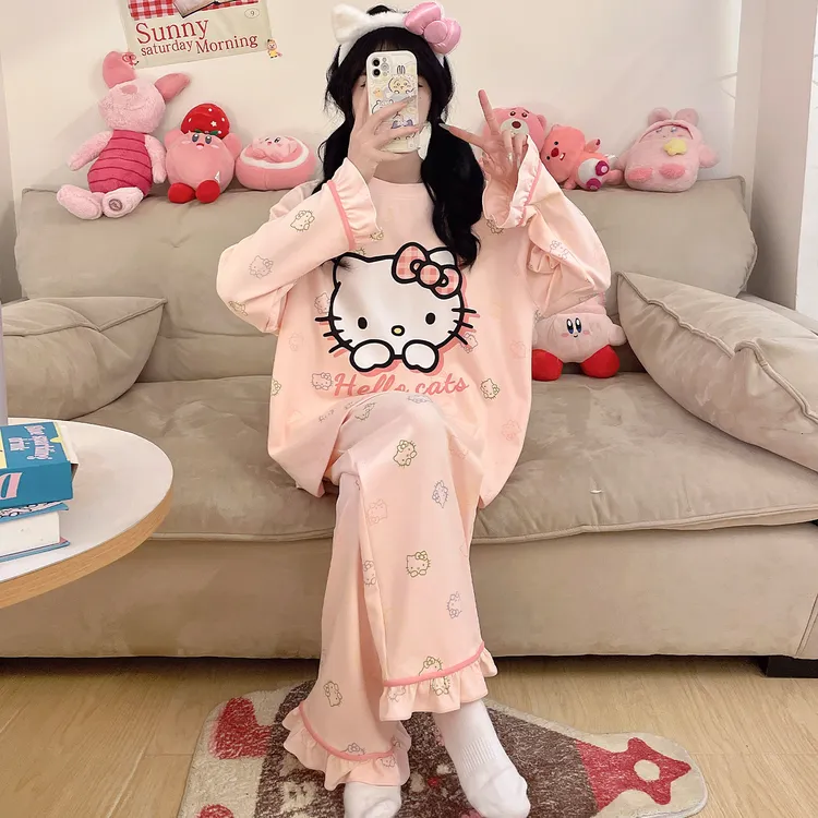 纯棉睡衣女长袖卡通春秋款加大码少女孩薄款可外穿学生家居服套装