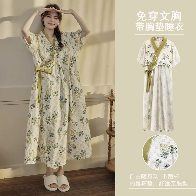 睡衣女夏睡裙女款爆款2026新款带胸垫和服睡袍女中长款浴袍家居服