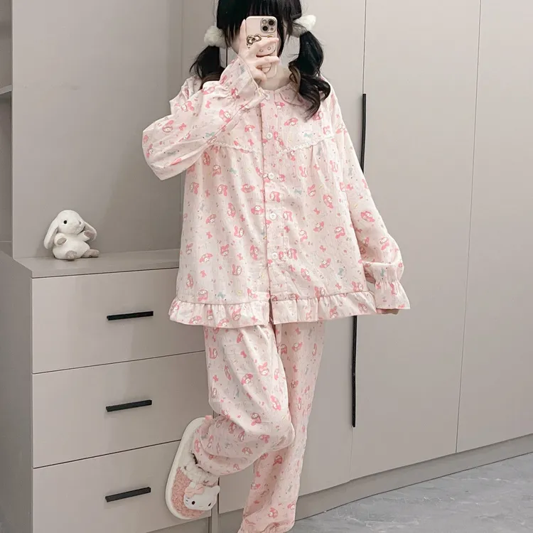美乐蒂睡衣女春秋花边长袖ins风日系学生居家服套装外穿慵懒风