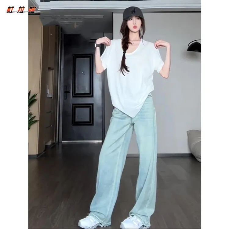 杜拉妮冰川蓝高腰直筒牛仔裤女夏季高个子加长浅色宽松拖地阔腿裤