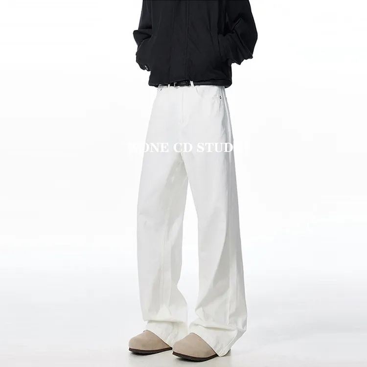 美式白色加绒加厚牛仔裤男女宽松cleanfit阔腿休闲裤百搭直筒长裤