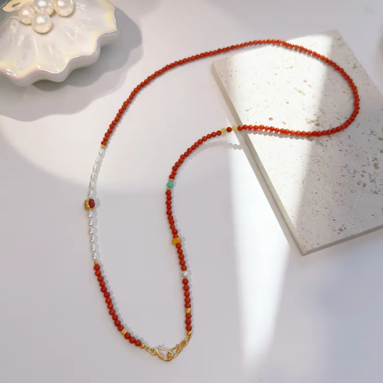 原创设计S925银南红女士新中式长链手工串珠项链
