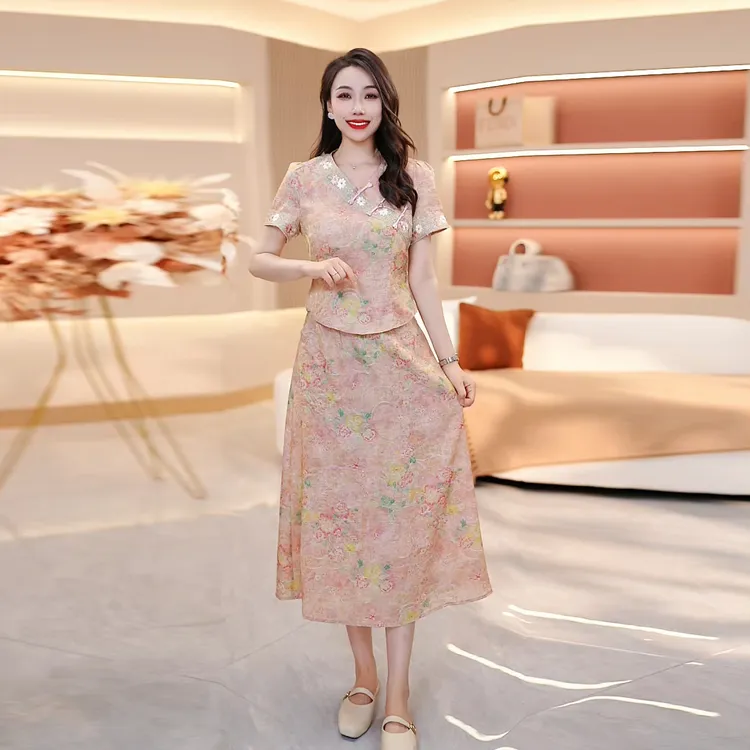 【SJYH2058】2025夏季新款时尚显瘦减龄洋气套裙两件套