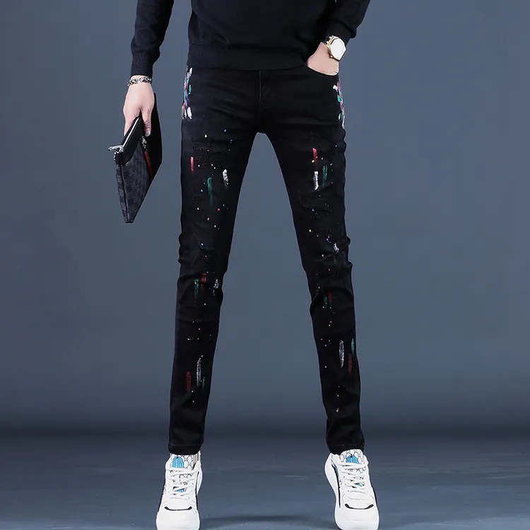 2025秋冬季印花破洞紧身弹力黑色牛仔裤男士修身小脚休闲长裤子男