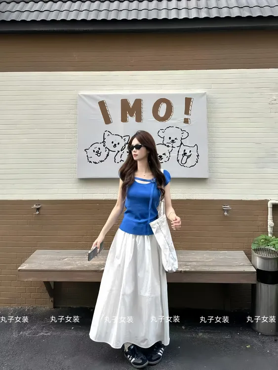 女装夏装套装2025新款爆款克莱因蓝正肩短袖针织衫上衣百搭半身裙