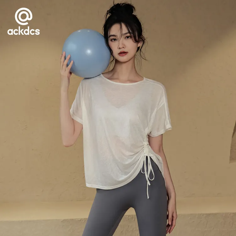 Ackdcs时尚瑜伽服短袖女个性抽绳上衣宽松显瘦运动T恤健身罩衫夏