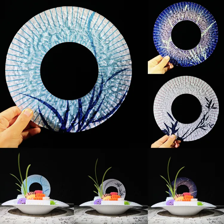 海鲜姿造用品刺身拼盘摆盘装饰品摆件酒店点缀水波纹背景圆环高档