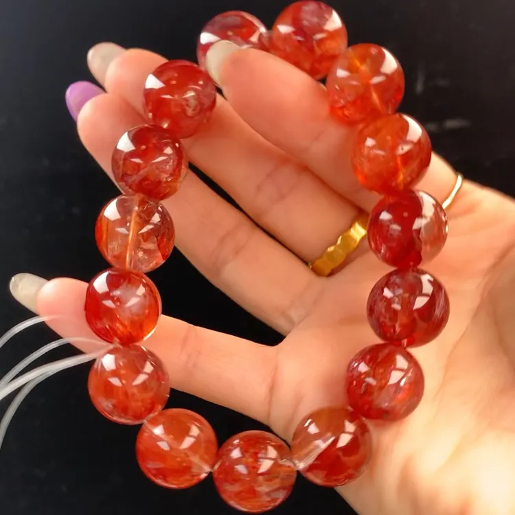 天然彩宝牛血红胶花水晶手串多样款式