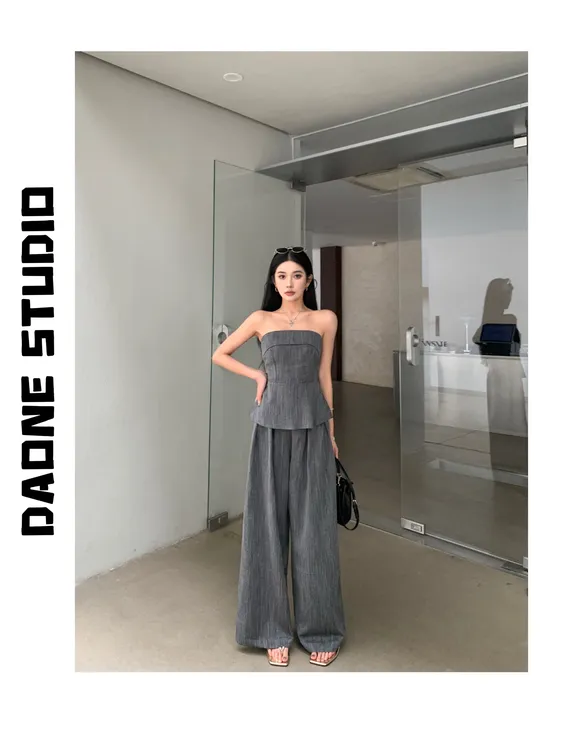 DAONE夏季通勤气质小众无袖显瘦抹胸宽松高腰直筒阔腿套装