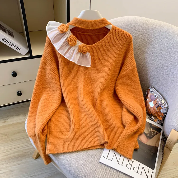 韩系挂脖立体花套头毛衣女秋冬新款慵懒风百搭针织衫宽松爆款上衣