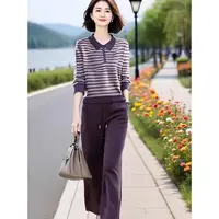 女装时尚翻领条纹针织衫松紧腰直筒裤两件套装