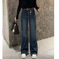 MY【腿精密码】冬季新款韩系高腰潮流复古显瘦水洗牛仔裤加绒微喇裤