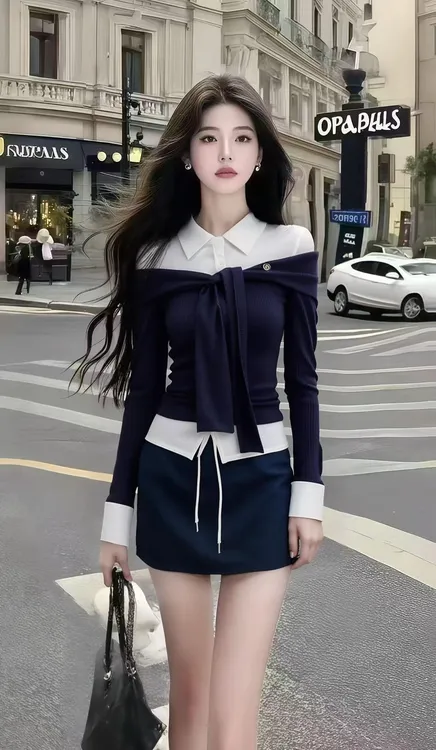 秋季时尚高级氛围感设计感拼接翻领长袖小众上衣+藏青色包臀半裙