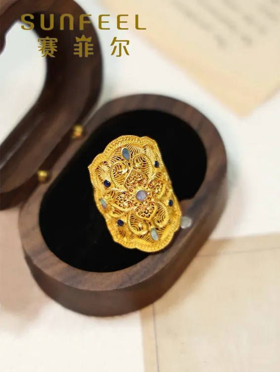 SUNFEEL/赛菲尔万足®古法花丝螺钿工艺黄金戒指  