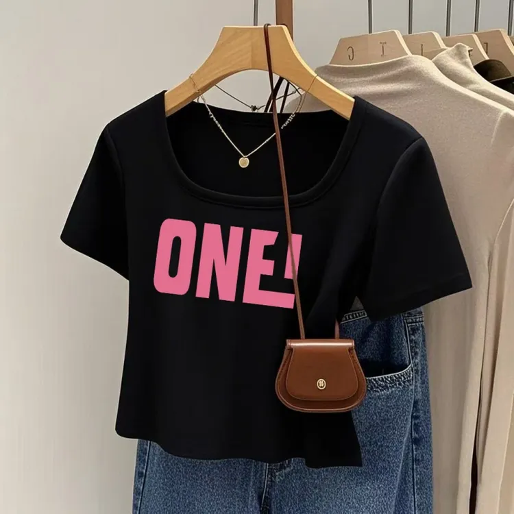 印花复古港风透气短袖短款T恤露脐黑色时尚ins设计感小众高腰上衣