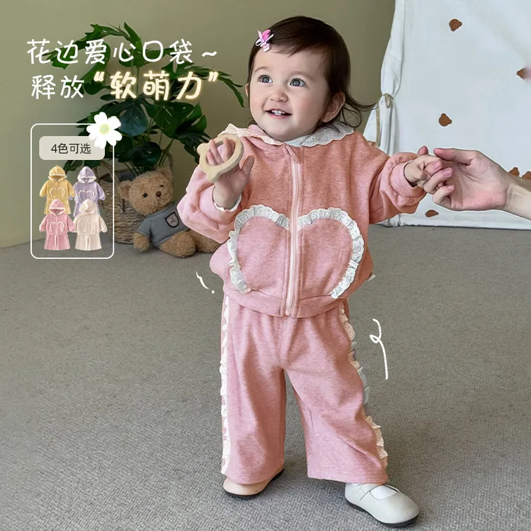 女童花边针织裤新款秋季女宝宝洋气韩版连帽外套儿童秋装裤子潮