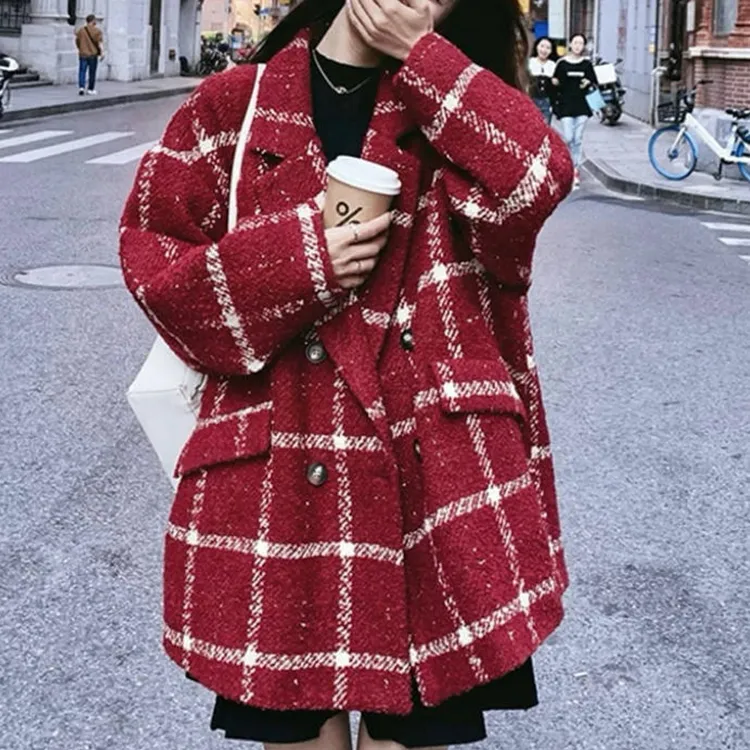 本命年红色格子西装毛呢外套女秋冬季新款短款小个子宽松加厚呢子