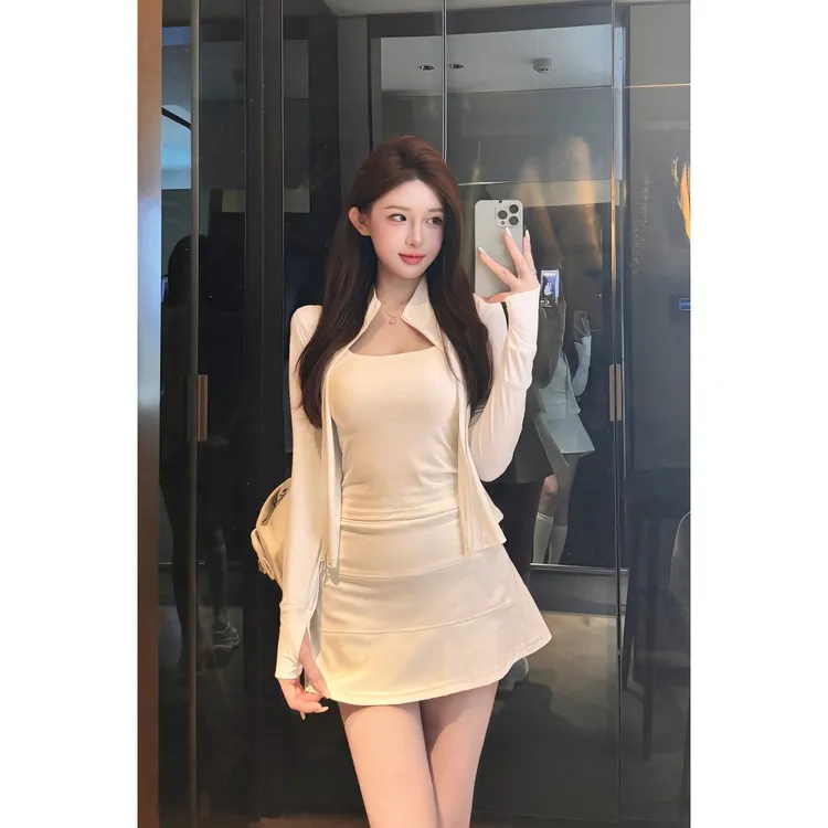 11自制 冰感防晒白色立领外套女夏修身显瘦防晒服上衣+半裙 套装