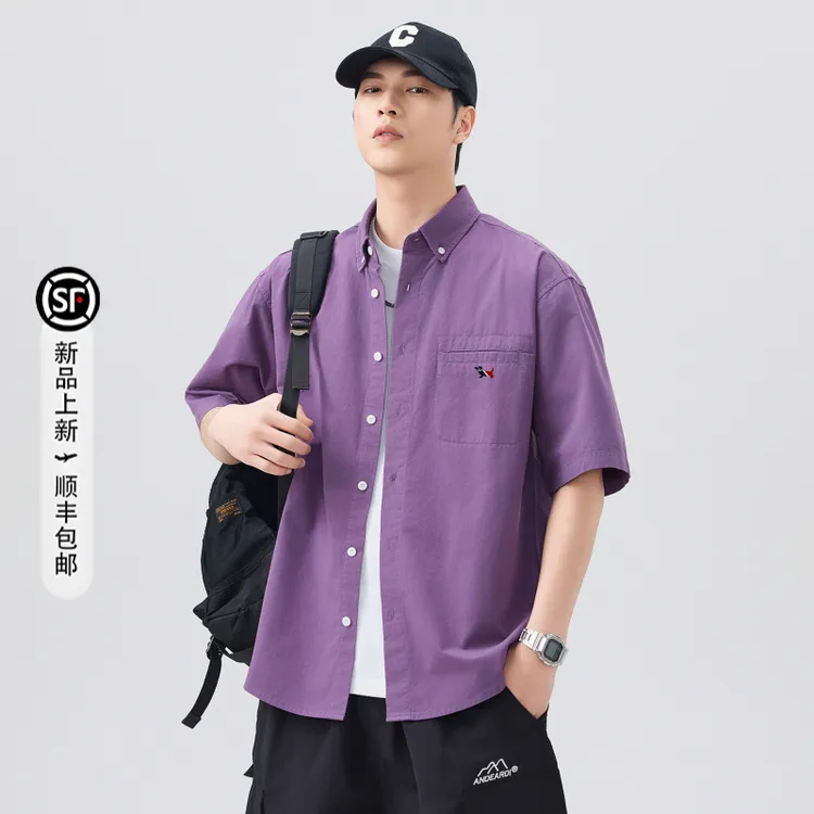 驭瑛汤米格罗斯纯棉短袖衬衫男士夏季潮薄款休闲翻领工装衬衣外套