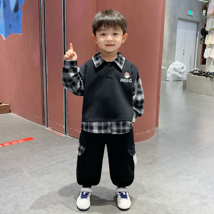儿童衣服秋款套装2025新款男童洋气春秋季小男孩时髦格子假三件套