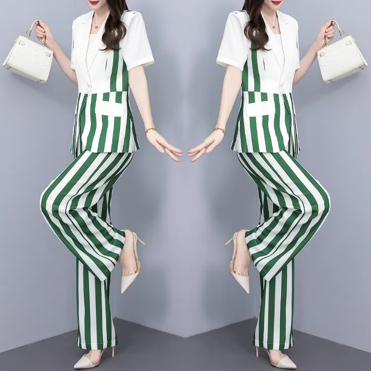 条纹套装女2025夏季新款高腰阔腿裤女神减龄气质短袖西装两件套潮