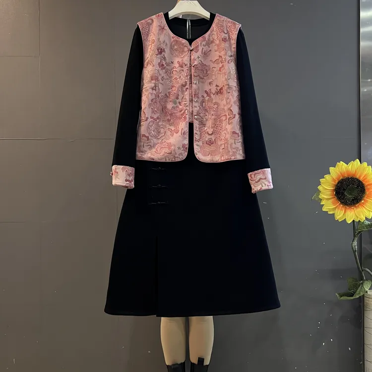 新中式国风提花马甲➕拼袖复古连衣裙时尚气质显瘦两件套