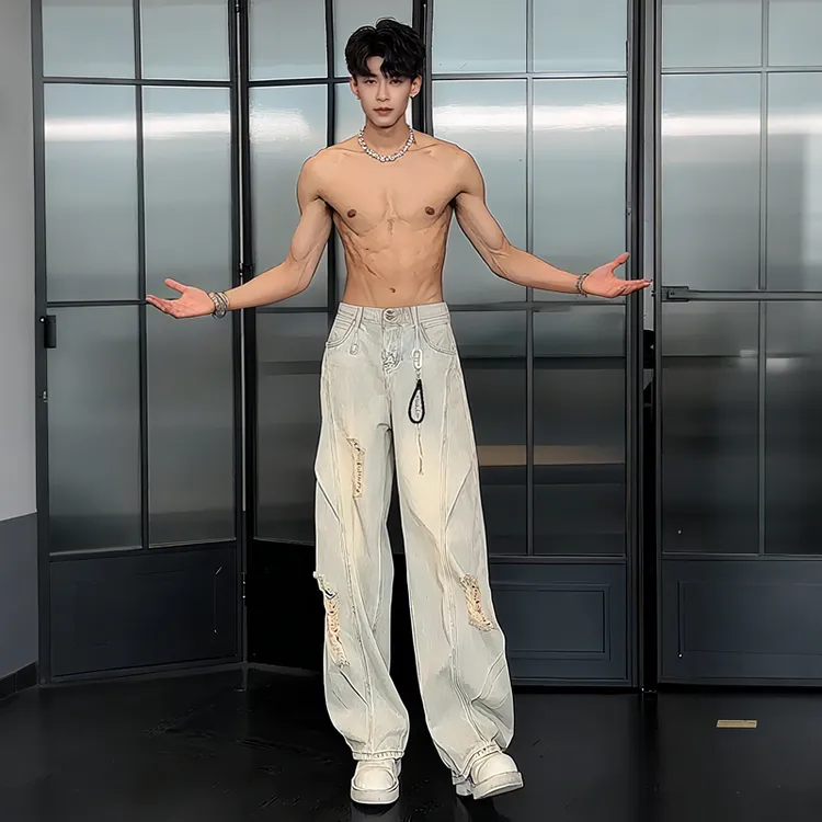 美式高街破洞牛仔裤男款夏季潮牌百搭水洗工艺vibe弯刀裤解构长裤