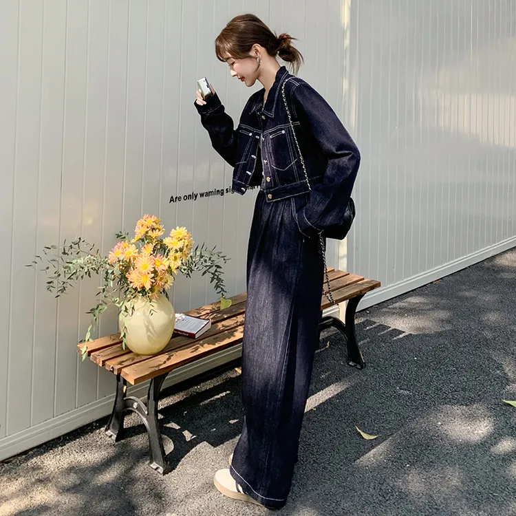 复古描边高级感牛仔套装裤2025新款女春酷飒拽姐气质阔腿裤两件套