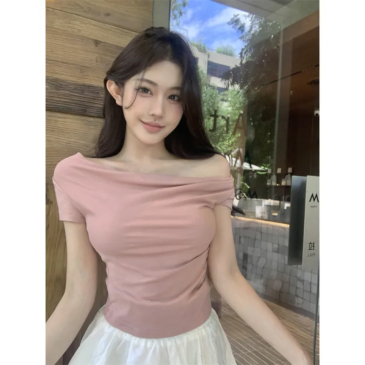 法式气质荡领一字肩短袖t恤女2025夏季新款温柔漂亮短款显瘦上衣