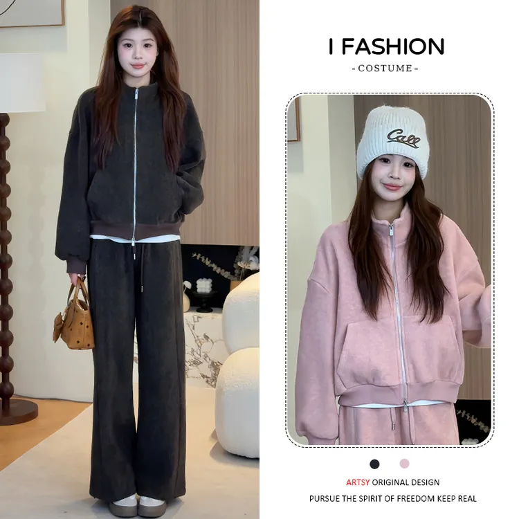 慵懒风宽松时尚套装女2025冬季新款加棉加厚立领外套阔腿裤两件套