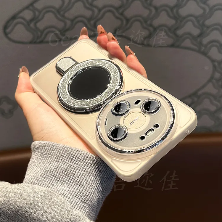 适用华为mate80promax透明U形镜子支架简约全包个性闪钻防摔软壳