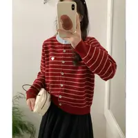 玲姐定制-条纹爱心图案刺绣款宽松休闲针织开衫382233
