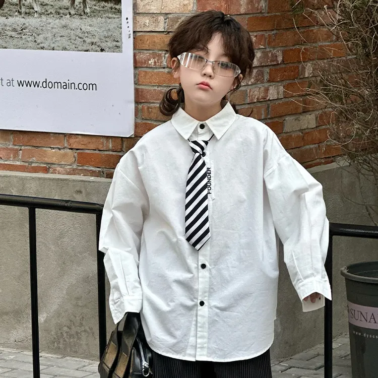 男童春秋酷帅纯白衬衫2025新款中大儿童时髦衬衣男孩刺绣洋气上衣