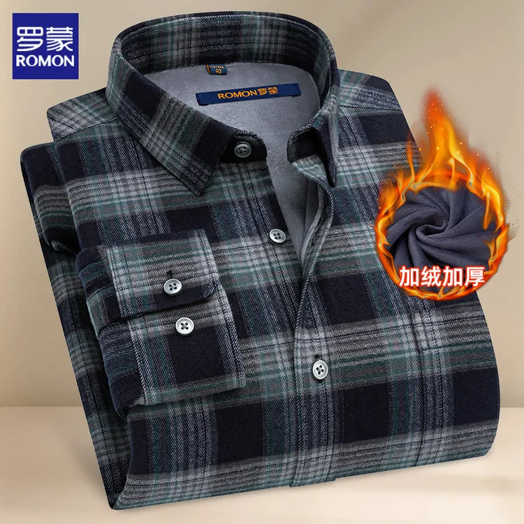 罗蒙纯棉磨毛格子保暖衬衣外套中老年冬季款男士加绒加厚长袖衬衫