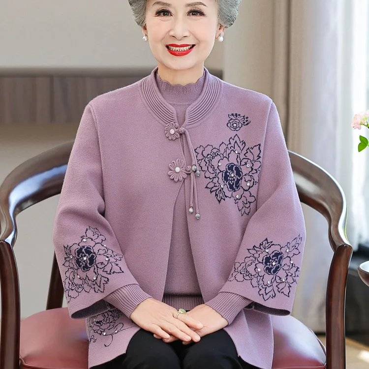 45到50岁妈妈国风装老年奶奶针织毛衣外套秋冬喜庆两件套婚礼上衣