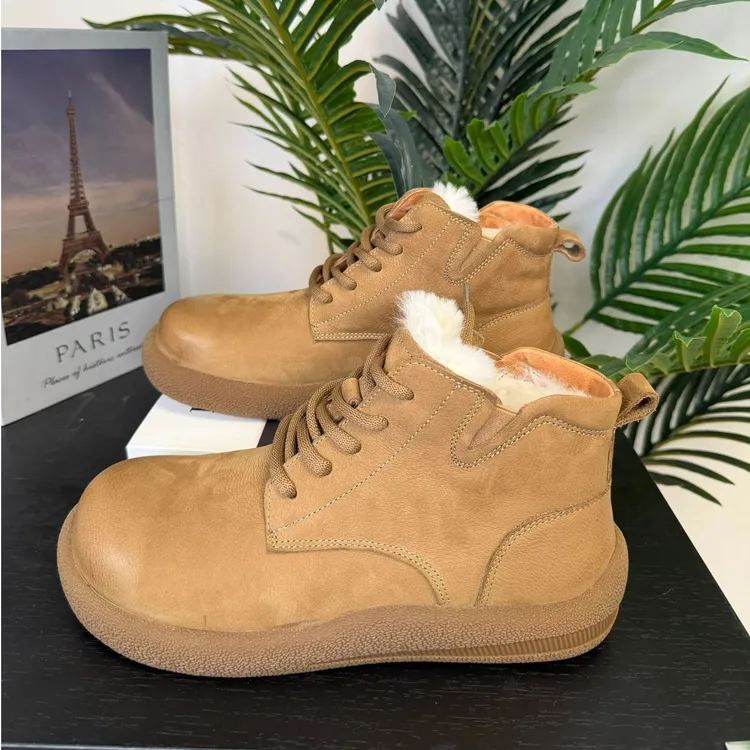 东北保暖雪地靴秋冬厚底休闲鞋真皮加绒马丁靴复古系带中筒短靴