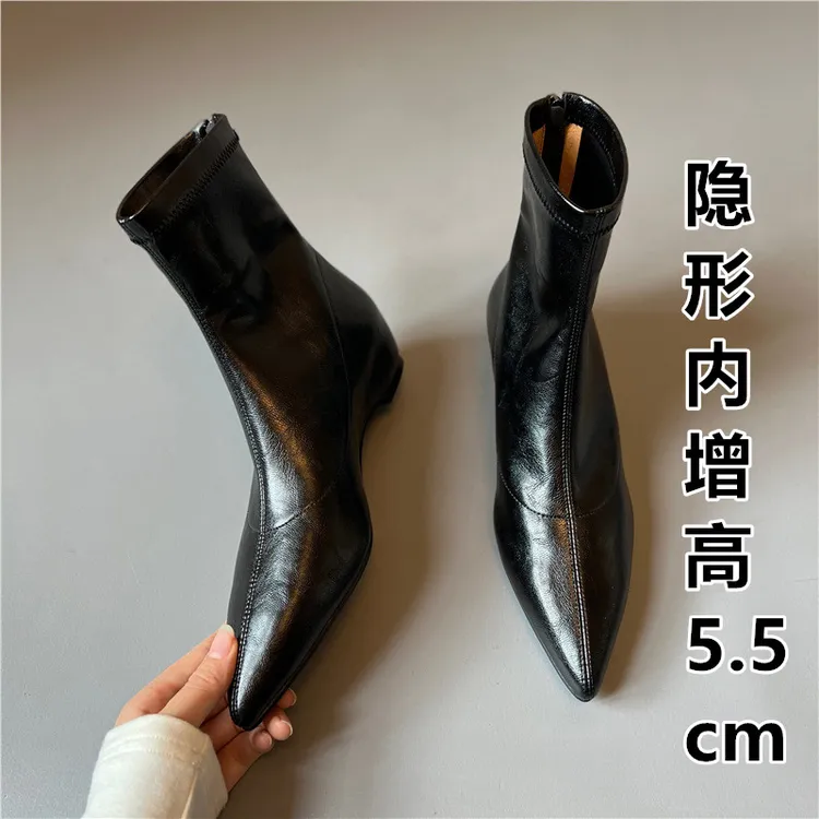 2025新款通勤内增高瘦瘦靴5.5厘米尖头软皮弹力靴后拉链坡跟靴子