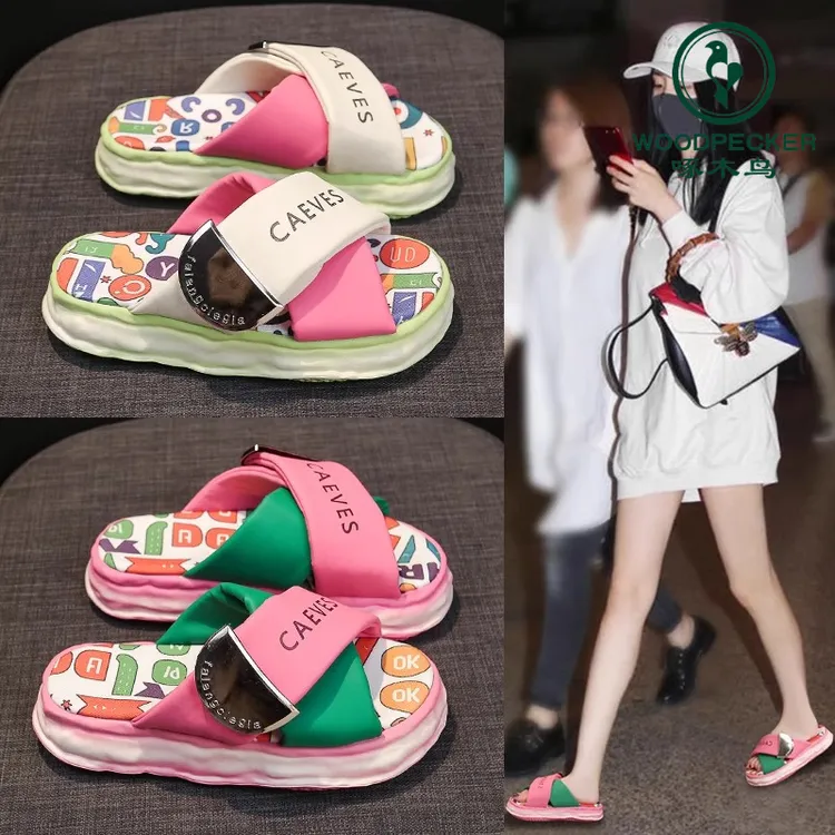 啄木鸟网红涂鸦拖鞋女夏2025新款外穿厚底一字拖休闲踩屎感凉拖鞋