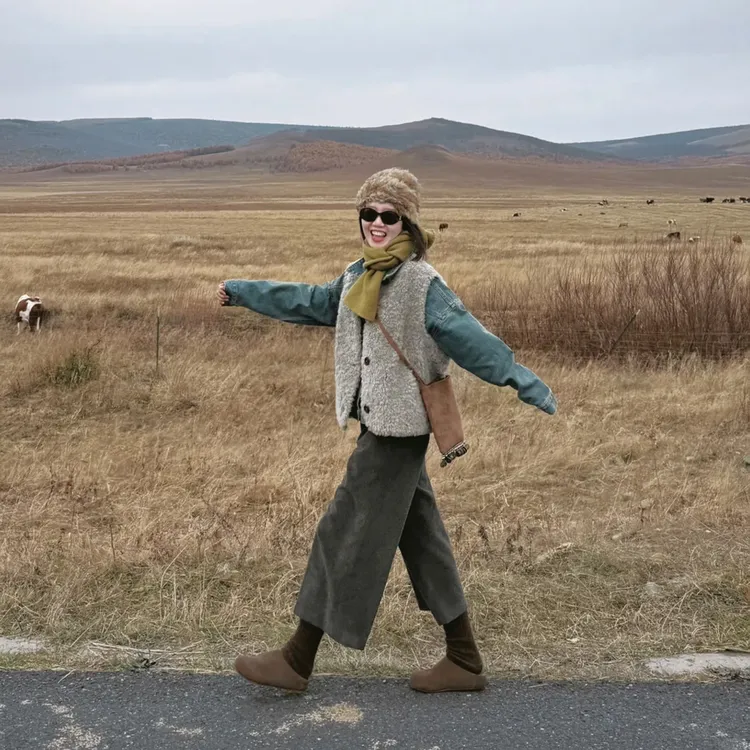 秋冬搭配一整套复古松弛感穿搭毛毛马甲叠穿牛仔衬衫九分裤三件套