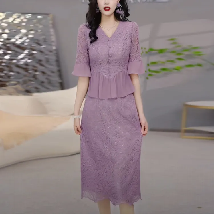 刺绣蕾丝优雅轻奢女装2025夏季新款名媛高级感短袖两件套连衣裙子
