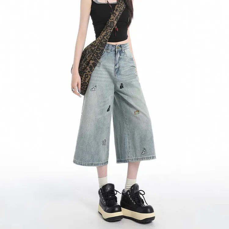 趣味小狗刺绣七分牛仔裤女直筒夏季薄款宽松小个子显瘦韩版0172